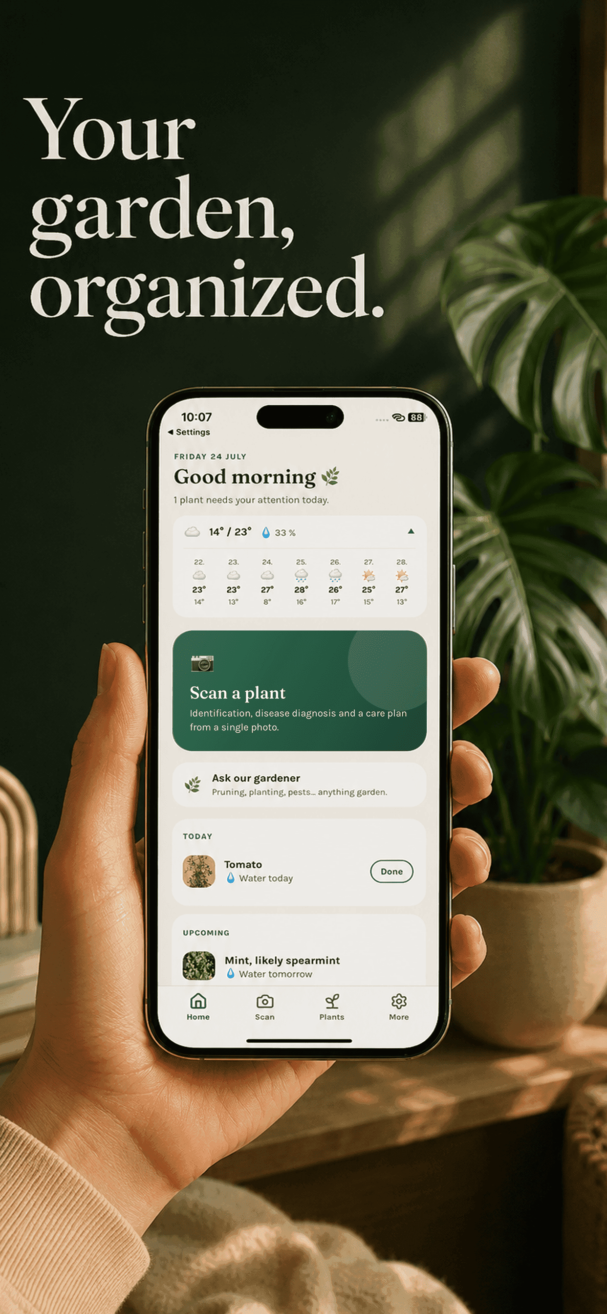 The Gardenix home screen with weather, care tasks and the scan shortcut
