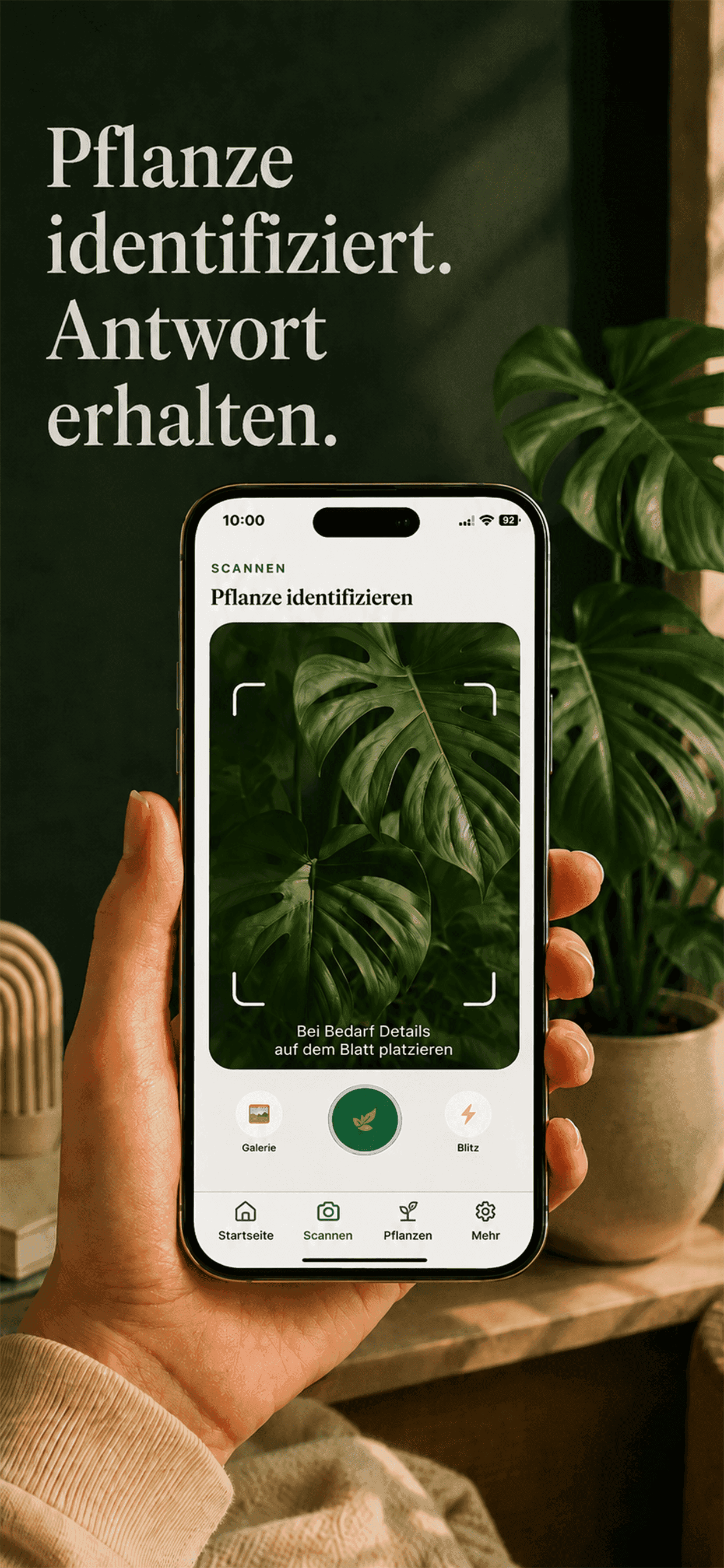 Der Gardenix-Kamerabildschirm rahmt eine Monstera für den Scan ein