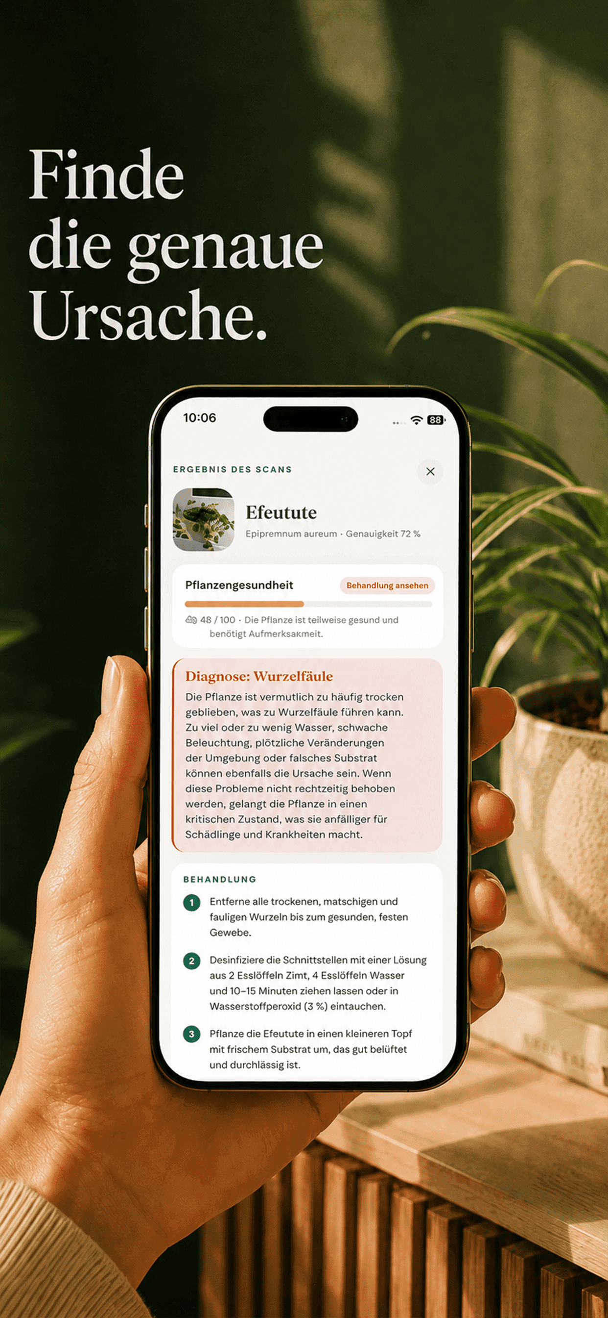 Ein Gardenix-Diagnosebildschirm mit Gesundheitswert und Schritt-für-Schritt-Behandlungsplan