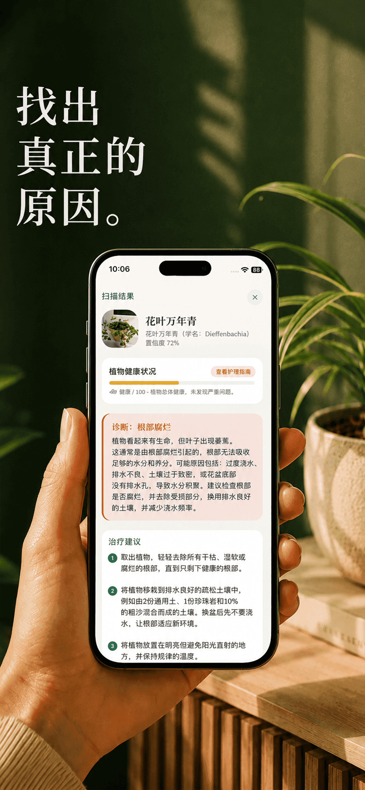 Gardenix 诊断界面,显示健康评分和分步治疗方案