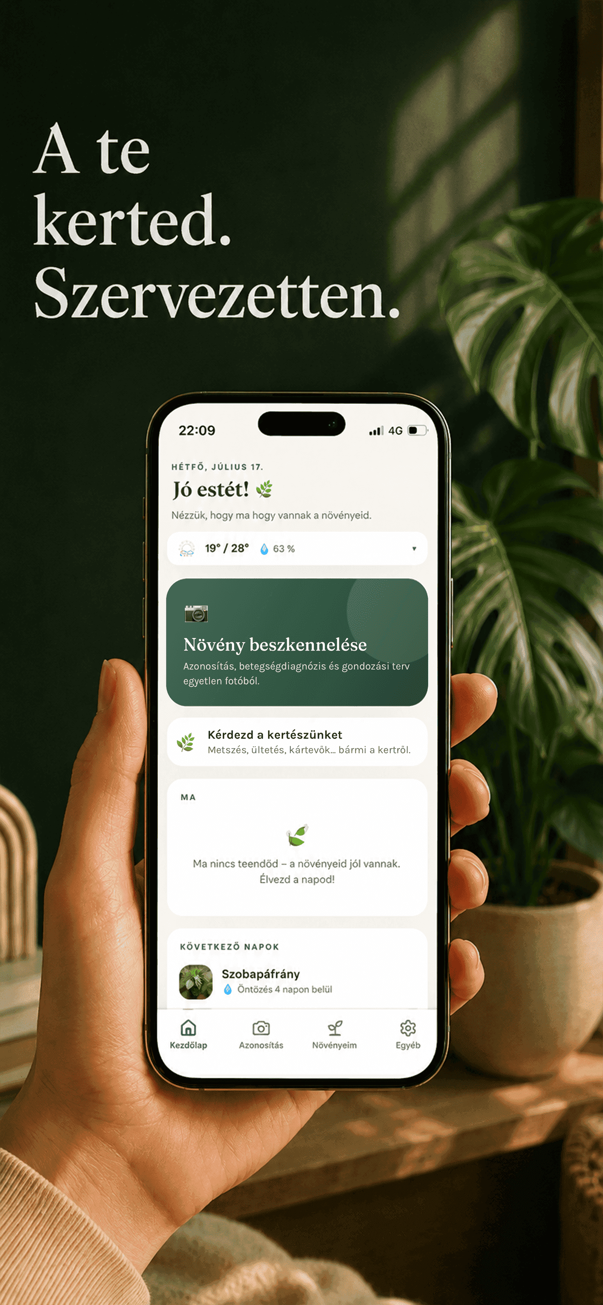 A Gardenix kezdőképernyője időjárással, gondozási teendőkkel és szkennelés-gyorsgombbal