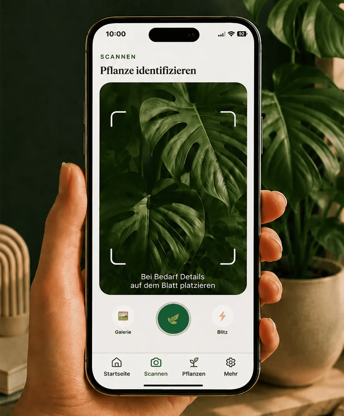 Die Gardenix App auf dem Scan-Bildschirm, mit einem Blatt im Kamerarahmen.