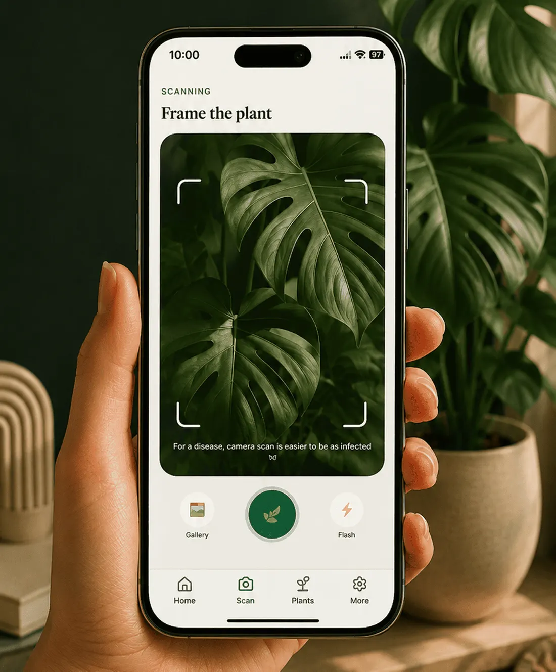 The Gardenix app on the scan screen, with a leaf inside the camera frame.