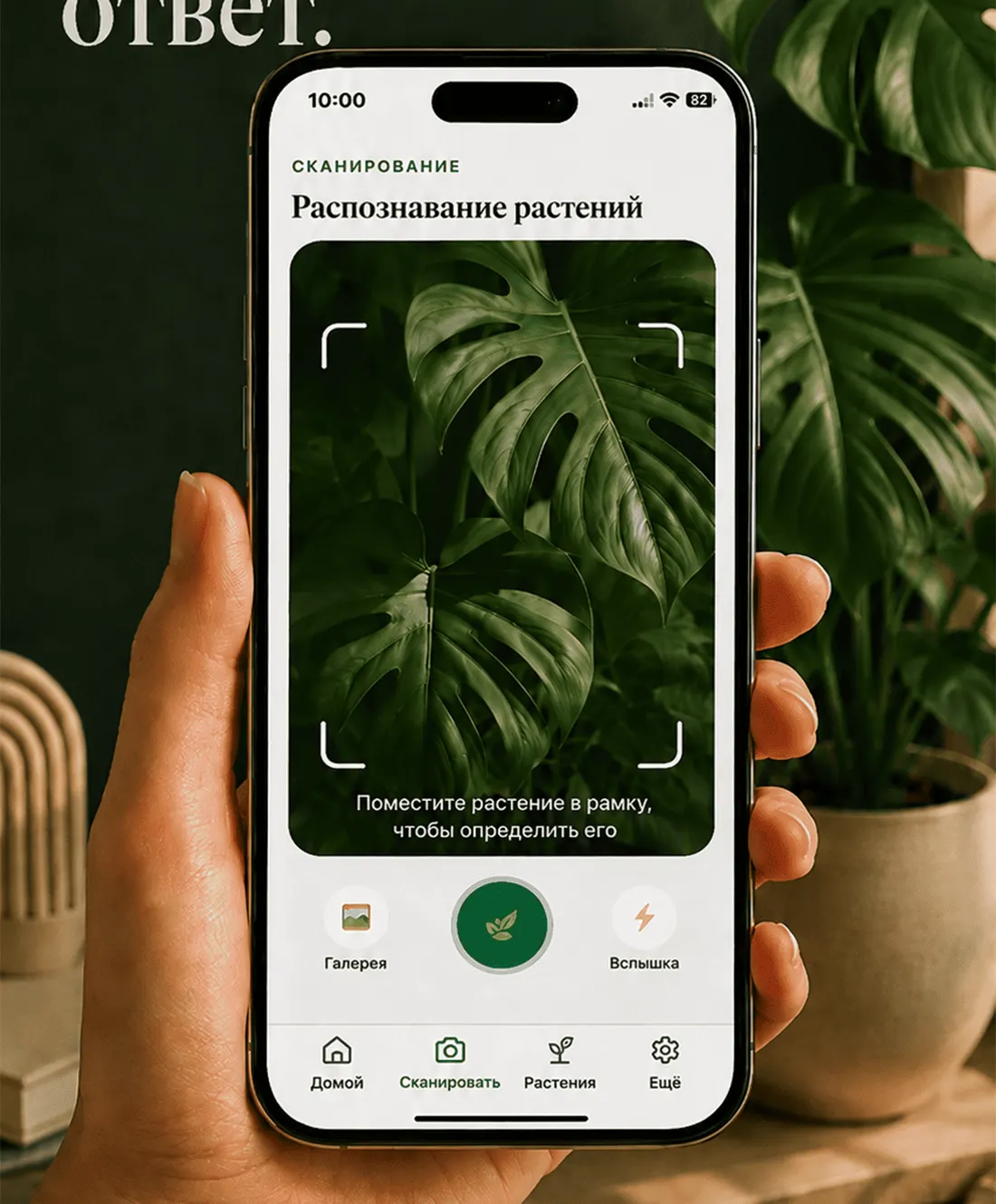 Приложение Gardenix на экране сканирования, с листом в рамке камеры.