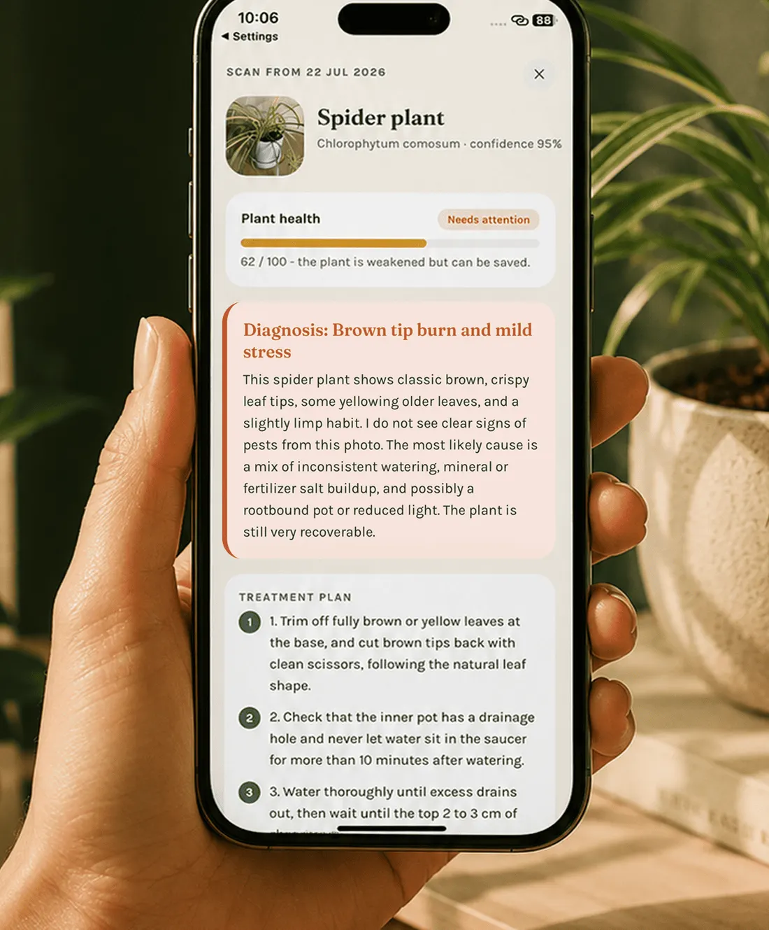 A Gardenix scan result showing the plant name, a confidence score, a health score and a step-by-step treatment plan.