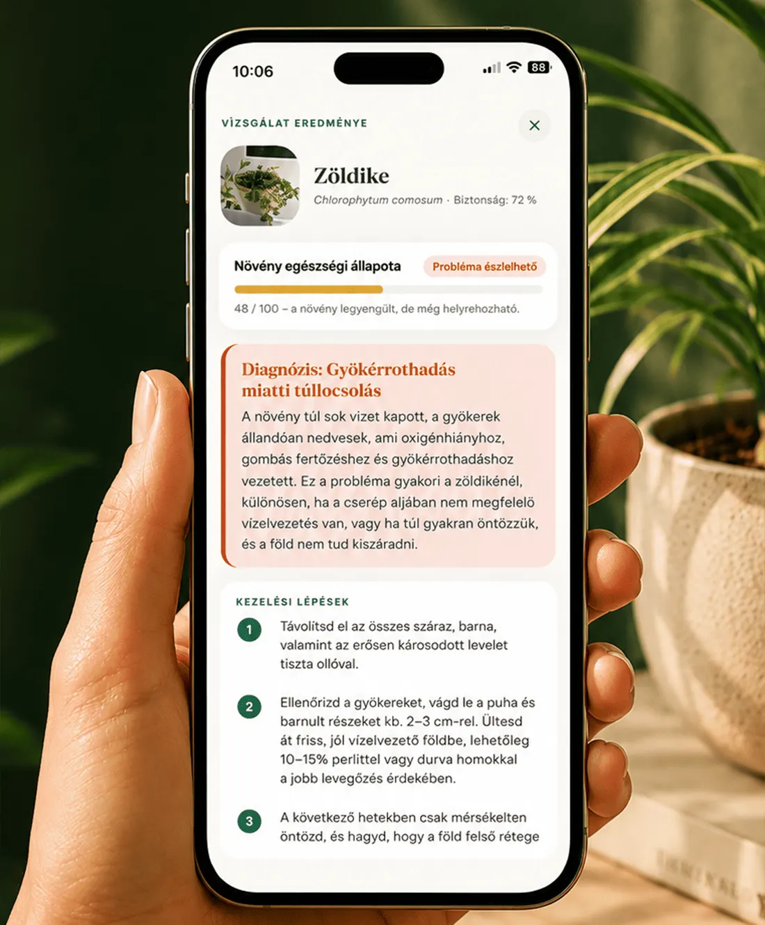 Gardenix vizsgálati eredmény: a növény neve, megbízhatósági érték, egészségi pontszám és lépésről lépésre haladó kezelési terv.