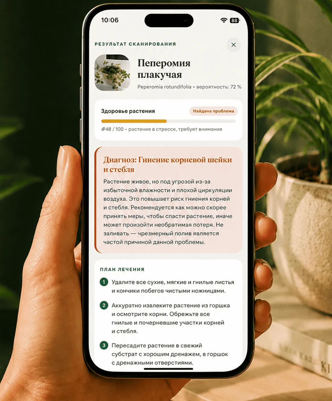 Результат сканирования в Gardenix: название растения, показатель уверенности, показатель состояния и пошаговый план лечения.