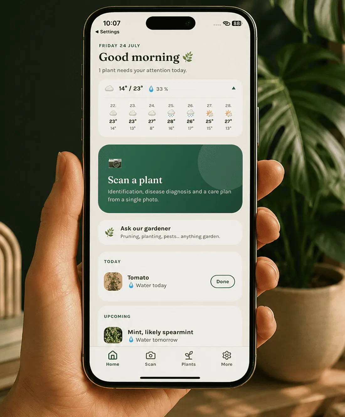 The Gardenix home screen showing local weather, the task due today and the plants coming up next.