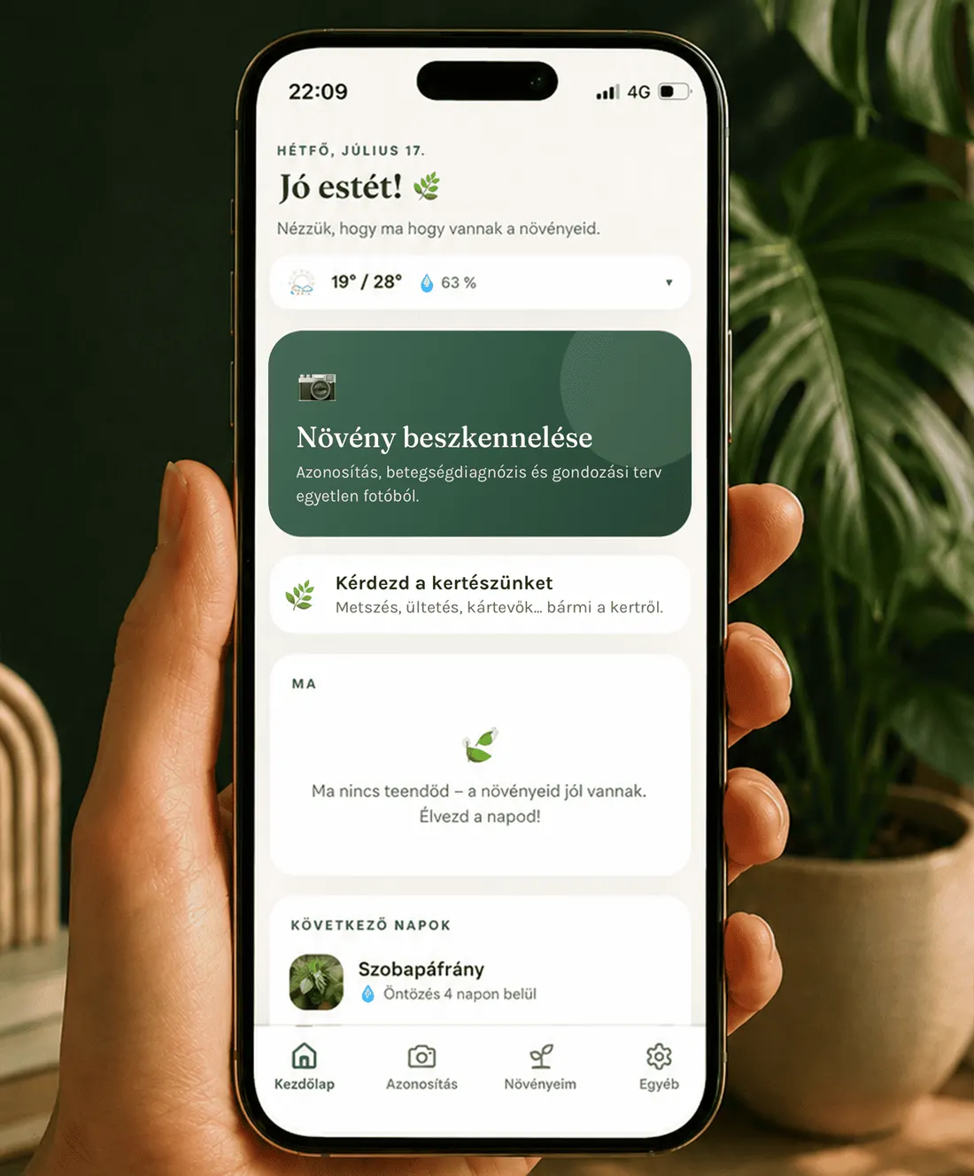 A Gardenix kezdőképernyője a helyi időjárással, a mai feladattal és a soron következő növényekkel.
